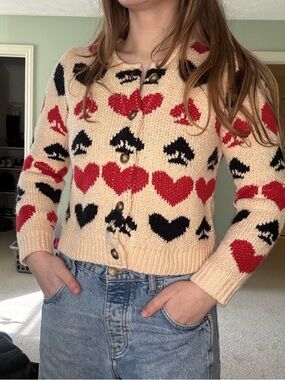 Free People Cream Knit Playing Card Suit Cardigan